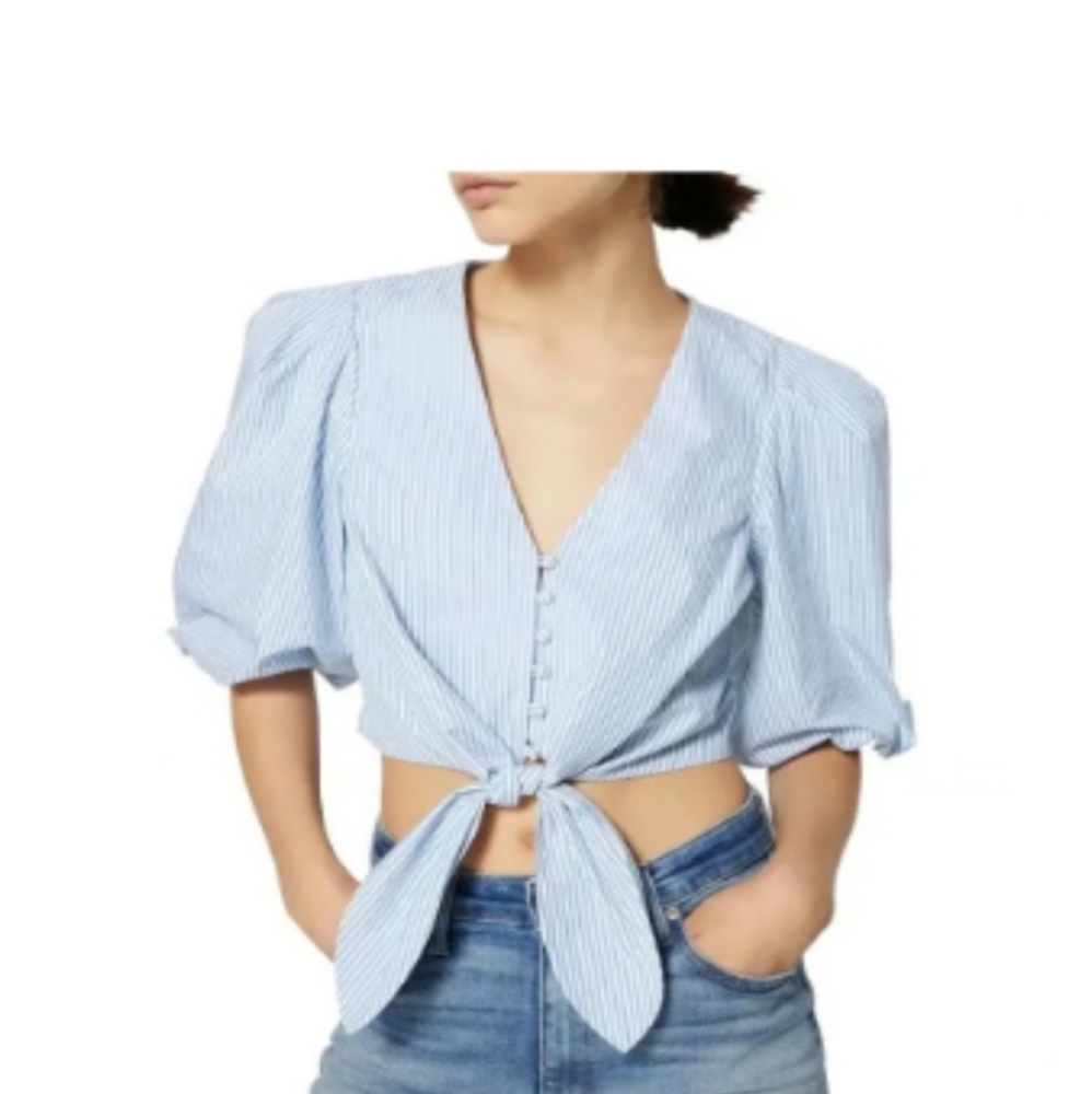 Jonathan Simkhai Ellen Blue White Stripe Cotton Oxford BabyDoll Puff Sleeve Top